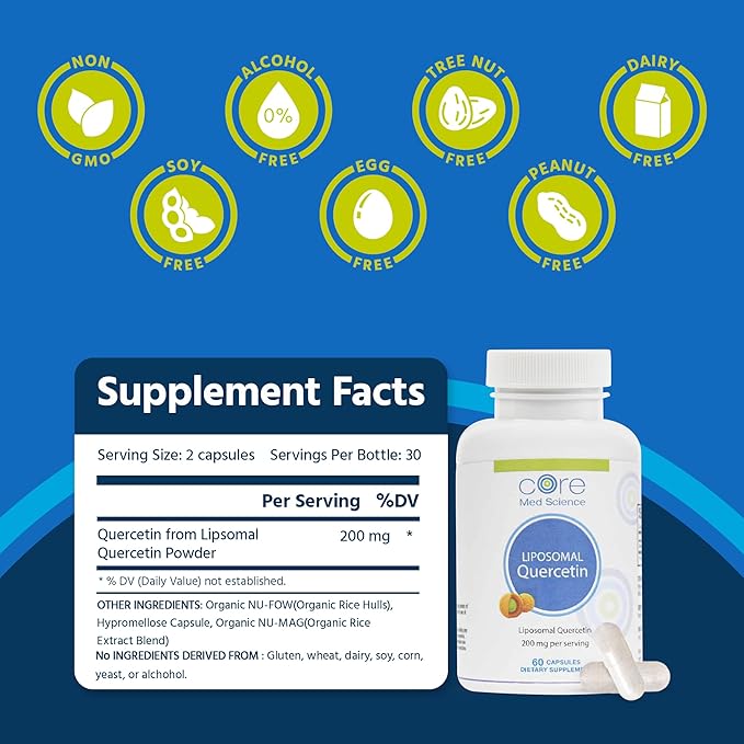Core Med Science Liposomal Quercetin Supplement 200mg - Physician Formulated Supports Histamine Balance Immune Support &amp Antioxidant Defense - High Absorption Bioavailable Capsules Made in USA