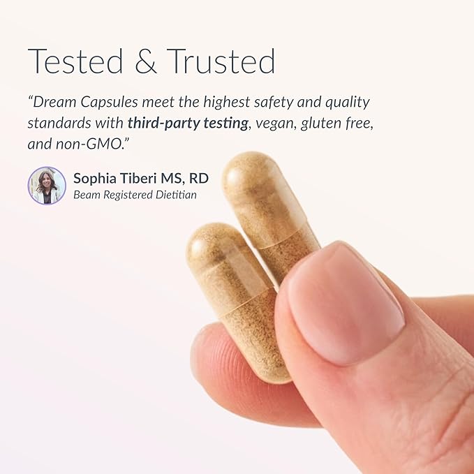 Beam Dream Sleep Capsules L-Theanine Apigenin Reishi and Magnesium Third Party Tested Natural Sleep Aid &amp Sleep Supplement for Deep Sleep Relaxation and Recovery Sleep Support 30 Servings