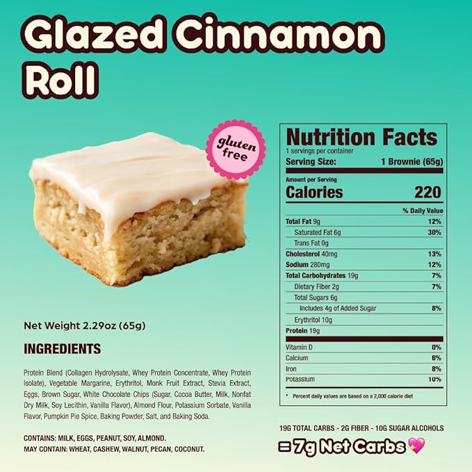 Prime Bites High Protein Brownie (12 Per Box Glazed Cinnamon Roll) - 19g of Protein 5g of Collagen Gluten Free Low Sugar Treat Delicious Protein Snack