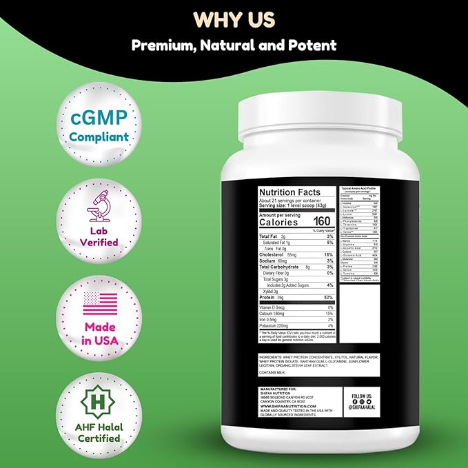 SHIFAA NUTRITION Delicious Creamy Vanilla Halal Whey Protein Powder 2Lbs | 26g Protein 5500mg BCAAs and 460mg Glutamine | for Recovery &amp Lean Muscles | Gluten-Free | Non-GMO | Keto-Friendly
