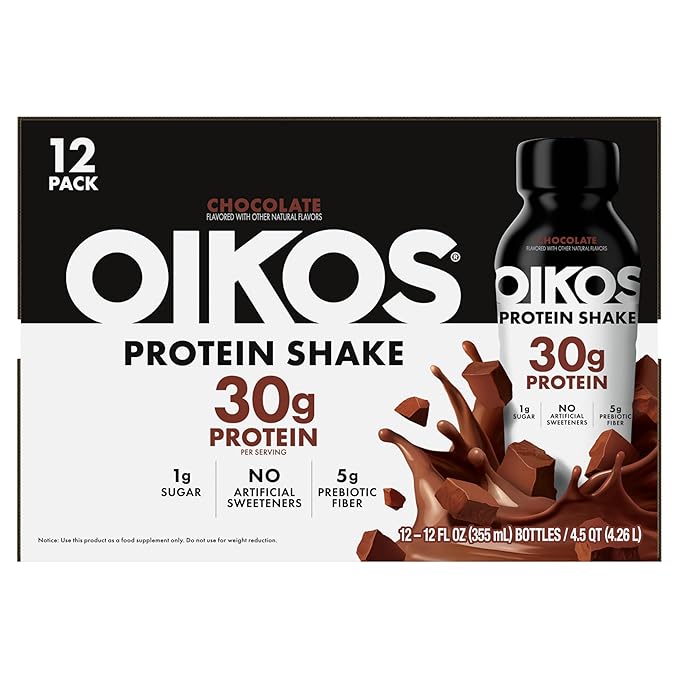 Oikos Protein Shake Chocolate 30g High Protein Drinks Shelf Stable Ready to Drink 5g Prebiotic Fiber 12 fl oz Bottle 12 Count