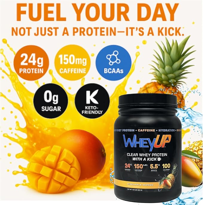 WheyUP Combo Lean Clear Whey Isolate - 24g Protein + 150mg Caffeine - Clear Whey Protein Powder - Sugar-Free - Keto-Friendly - Juice-Style Pre Post Workout Drink - 20 Servings
