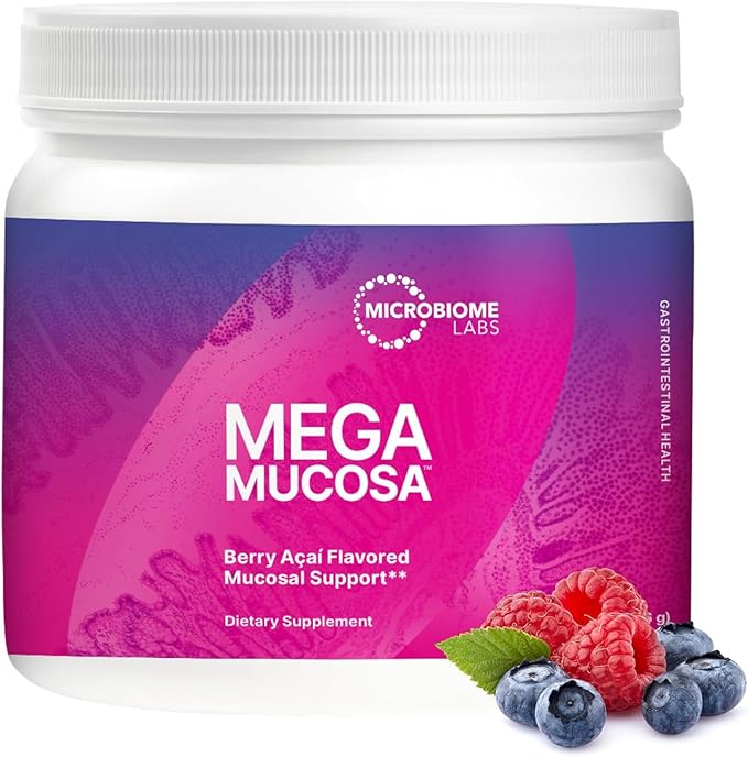 Microbiome Labs MegaMucosa Gut Health Powder - Digestive Supplement with Complete Mucosal Support for Healthy Gut &amp Immune Function - Dairy-Free Immunoglobulins &amp Amino Acids - Berry Acai (5.5