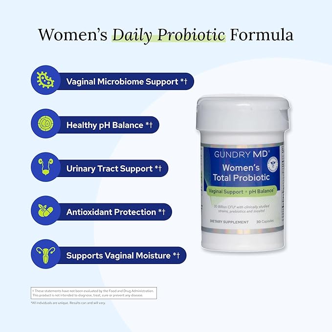 Gundry MD Women's Total Probiotic - Women's Probiotic for Vaginal Support &amp Digestive Health - 30 Capsules