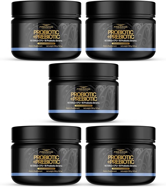 FREZZOR Probiotic + Prebiotic Powder Once Daily 60 Billion CFUs Digestive Health for Men and Women 18 Strains Shelf Stable with Fermented Wholefoods Prebiotic &amp Fibre 5Pk 750g 5 Month Sup