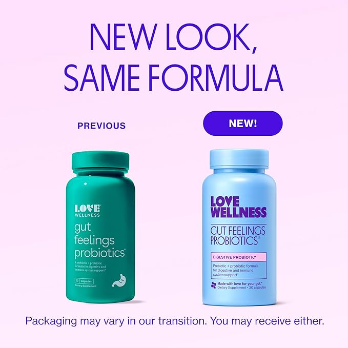 Love Wellness Gut Feelings Probiotic | Gut Health for Women Digestion Relief &amp Immune Support Supplement | Womens Probiotic for Gas Relief | 3 Billion CFU | Safe Prebiotic and Postbiotic | 30 Cou