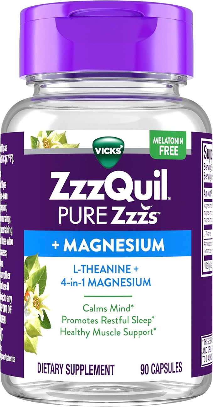ZzzQuil Pure Zzzs +Magnesium Capsules L-Theanine and Magnesium Sleep Aid 4-in-1 Magnesium: Citrate Bisglycinate Oxide and Carbonate Sleep Aids for Adults 90 Sleep Capsules