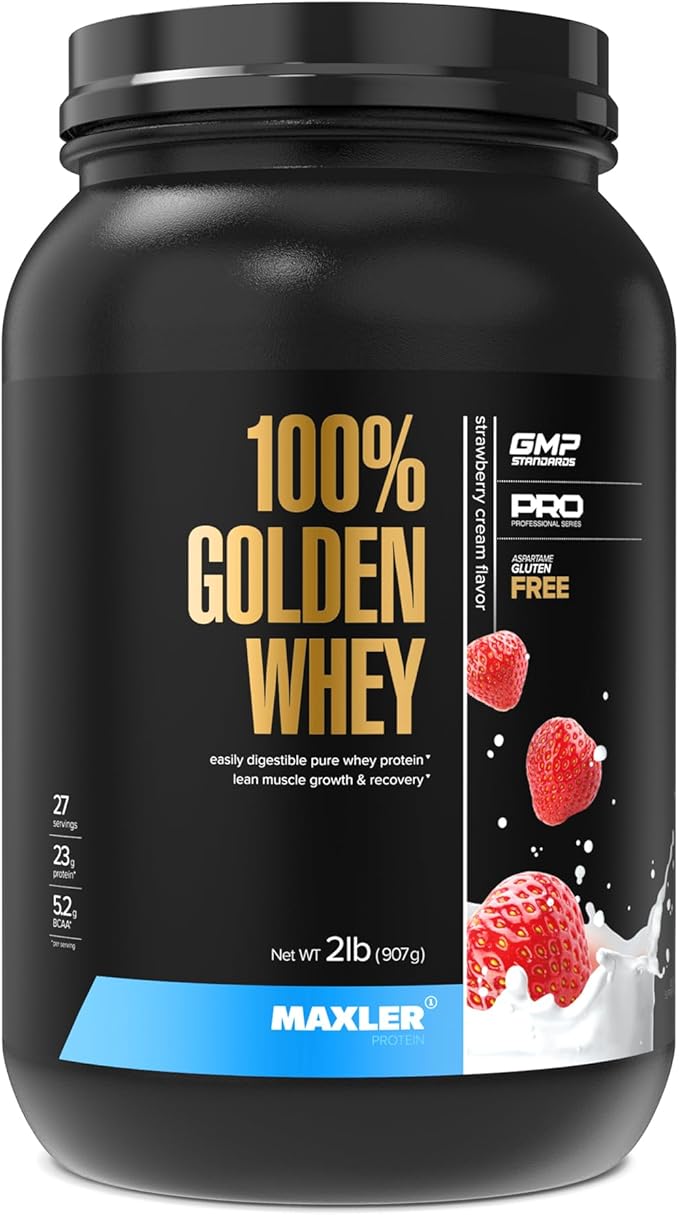 Maxler 100% Golden Whey Protein - 23g of Protein per Serving - Whey Protein Powder for Pre Post Workout - Fast-Absorbing Whey Concentrate Isolate &amp Hydrolysate Blend - Strawberry Cream 2 lb