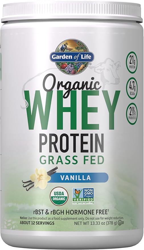 Garden of Life Grass Fed Whey Protein Powder Vanilla - 21g Protein for Women &amp Men + Probiotics - 12 Servings - Gluten Free Non GMO Kosher Humane RBST &amp rBGH Hormone Free