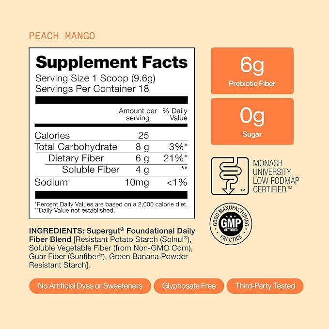 Supergut Foundational Daily Fiber Powder Sugar Free &amp Vegan Prebiotic Fiber Blend for Gut Health &amp Digestive Support Supplement for Men &amp Women with Solnul &amp Sunfiber Peach Mango 1