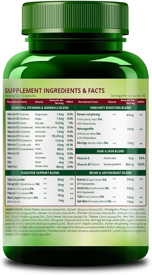 Whole Food Multivitamin for Women with Vitamin B1 B2 B3 B5 B6 B7 B9 B12 C D E Calcium Magnesium Zinc | - 30 Veg Capsules (Pack of 1)