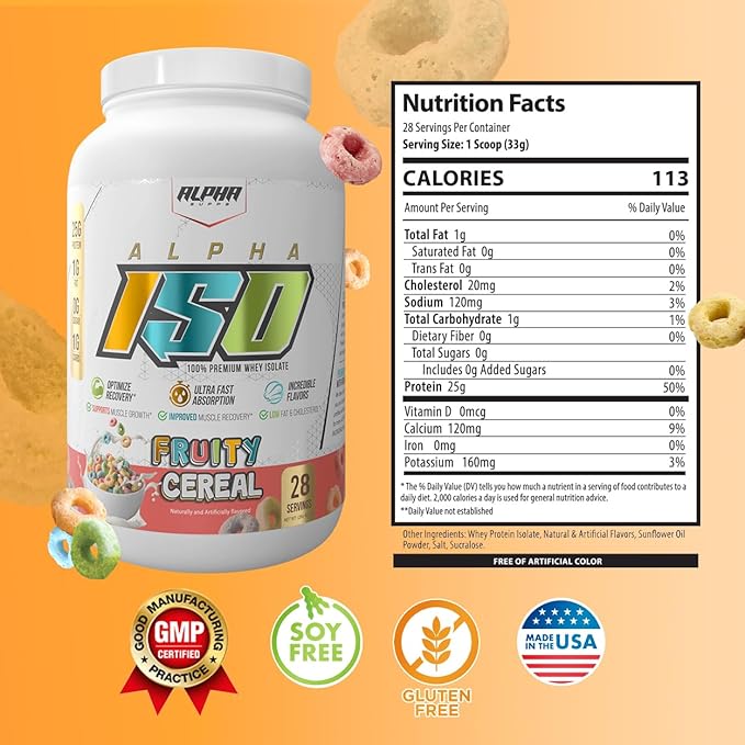 Alpha Supps ISO Low Carb 100% Whey Protein Isolate Powder 25 Grams Per Serving Helps Support Muscle Growth Low Sugar and Gluten Free (Fruity Cereal 2 lb)