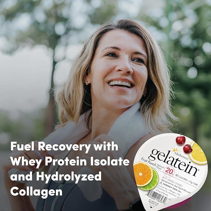 Gelatein Fruit Punch: 20 grams of protein. Sugar free. Ideal for clear liquid diets swallowing difficulties bariatric dialysis and oncology. Great pre or post-workout snack. (36 pack)