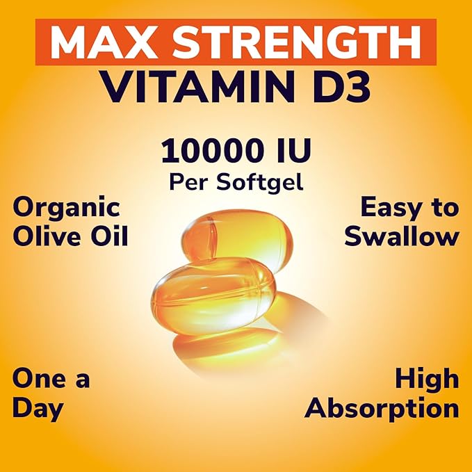 Maximum Strength Vitamin D3 10000 IU (250mcg) Highly Bioavailable with Cold Pressed Olive Oil Immune Bone &amp Teeth Health Support No Soy Sunshine Vitamin 240 Mini Softgels