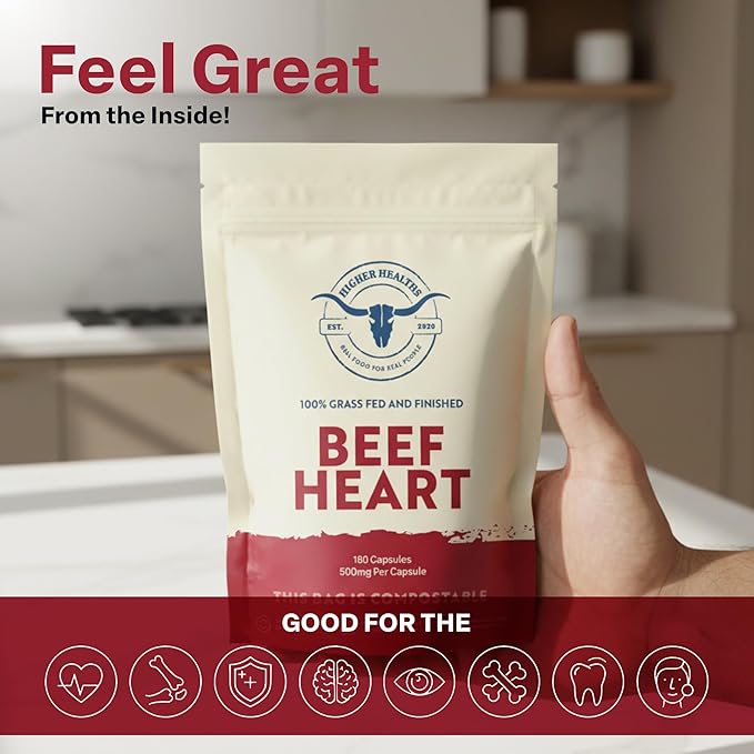 100% Beef Heart Supplement - 180 Count Freeze Dried Grass Fed Beef Organs Supplement for Women &amp Men with Omega-3S &amp CoQ10 - Non-GMO No Fillers &amp No Additives - Real Food Sourced &amp