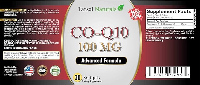 Co Q10 100 mg 30 Softgel Naturals Supports Energy for Joints antioxidant Enzyme Made in USA Gluten Free FDA Registered Facility Non GMO cGMP Standard