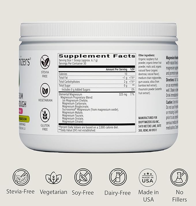 BIOptimizers Magnesium Breakthrough Drink - 8 Forms of Magnesium Electrolytes Sleep Health Stress Muscle Recovery Heart Support | Glycinate Citrate Malate- Raspberry Lemon