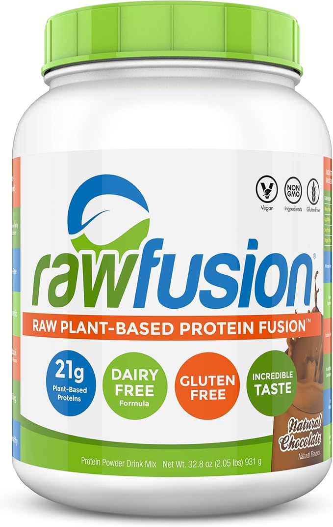 Rawfusion- Vegan Protein Powder Natural Chocolate - 30 Servings 21g of Plant Based Protein Low Net Carbs Non-Dairy Gluten/Lactose Free Soy Free Kosher Non-GMO 2lbs Pound