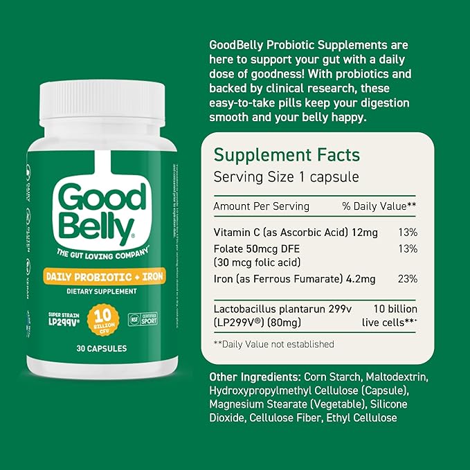 GoodBelly Probiotic Capsules for Digestive Health &amp Iron Absorption | Vegan Probiotic Supplement with 10 Billion Live Cultures | Probiotics for Women &amp Men | 30 Capsules