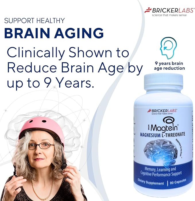 Bricker Labs Magtein® Magnesium L-Threonate Supplement – Brain Health Memory Focus Learning &amp Cognitive Function Support – 90 Capsules 30 Servings