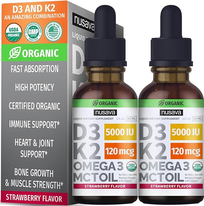 NUSAVA Unflavored D3 K2 Strawberry Flavored D3 K2 &amp Vitamin B12 Liquid Drops Bundle - Potent Liquid Vitamins for Heart Joint Energy &amp Immune Support - Non-GMO Gluten-Free 2pk Each