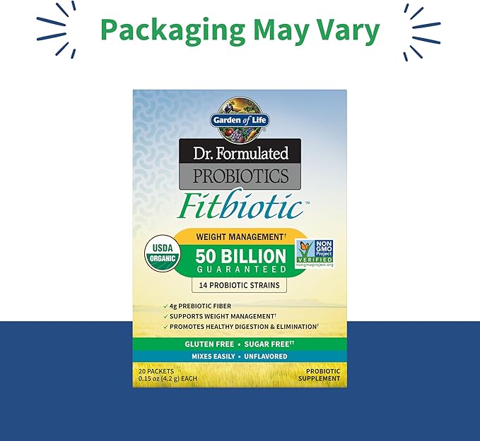 Garden of Life Dr. Formulated Probiotics Fitbiotic Weight Management Powder 50 Billion CFU &amp Prebiotic Fiber Organic &amp Non-GMO Digestive Gut Health Probiotic Supplement 20 Single Serving Pa
