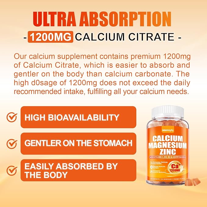 Calcium 1200 mg with Vitamin D3 Gummies for Adults - Calcium Citrate with Vitamin D3 K2 Magnesium Zinc Boron Copper and Ashwagandha - Extra Absorption Calcium Supplement for Women Men