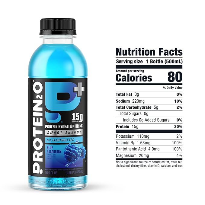 Protein2o 15g Whey Protein Isolate Hydration Drink Plus Energy &amp Focus350mg Electrolytes125mg CaffeineSugar FreeBlue Raspberry16.9 oz Bottle(Pack of 24)