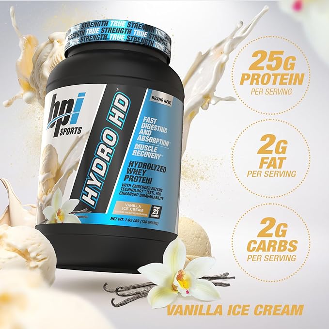BPI Sports Hydro HD - 100% Hydrolyzed Whey Protein Powder - Muscle Growth Recovery 25g of Hydrolyzed Protein Low Carb Low Sugar Fast Absorbing (23 Servings Vanilla Ice Cream)