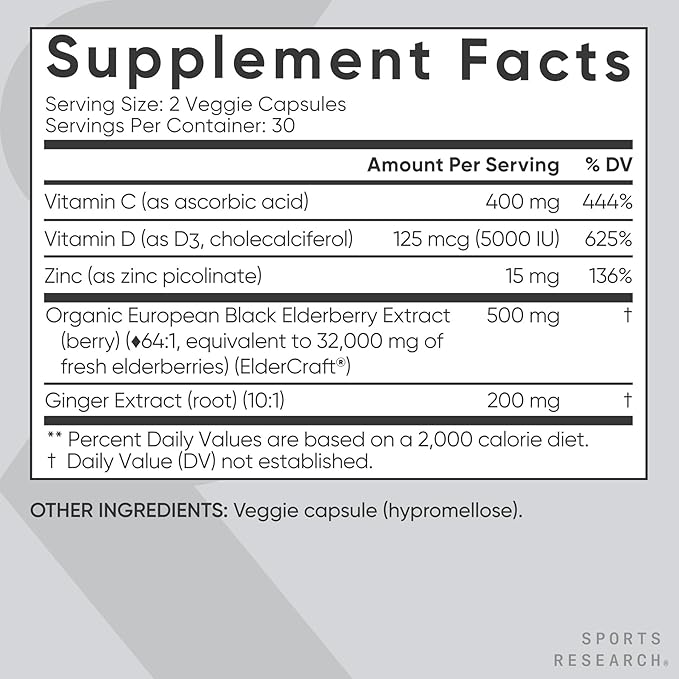 Sports Research® Daily Immune Support Elderberry with Zinc Vitamin C Ginger &amp Vitamin D3 5000iu - Gluten Free · Non-GMO Verified · Soy Free - 60 Veggie Capsules
