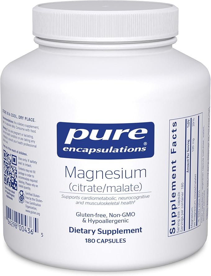 Pure Encapsulations Magnesium (Citrate/Malate) - Magnesium Supplement to Support Nutrient Utilization Energy Bones &amp Heart Health* - with Magnesium Citrate &amp Malate - 180 Capsules