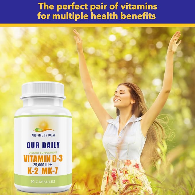 Our Daily Vites Vitamin D-3 25000 IU + K2 - High Potency D3 with Vitamin K Bone Immune Mood + Cardiovascular Support Supplement
