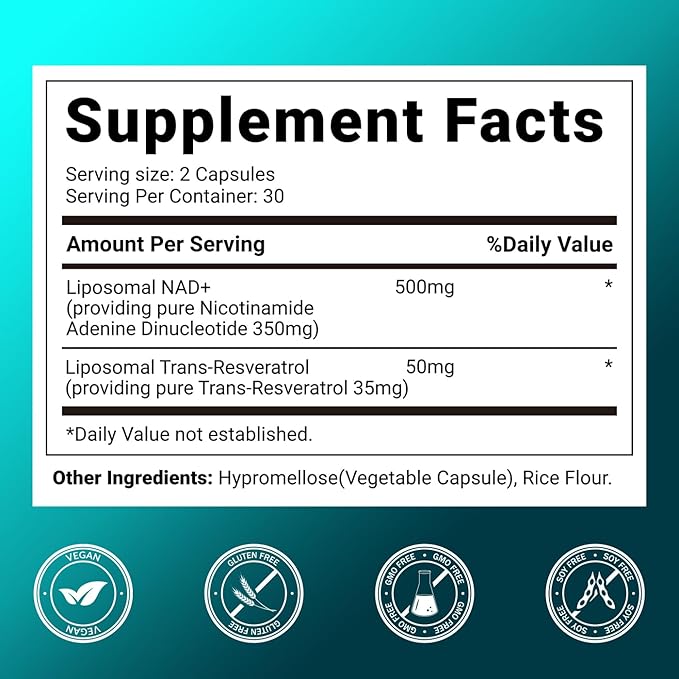 NAD Supplement 500mg Liposomal NAD+ Supplement with Trans-Resveratrol for Women &amp Men Vegan Non-GMO 60 Capsules