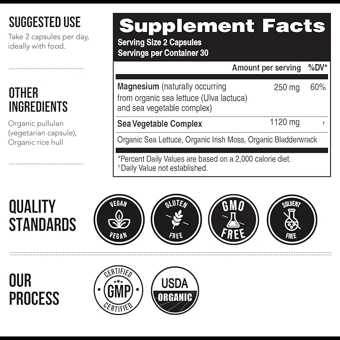 Organic Whole Food Magnesium Supplement - Plant-Based Organic Sea Vegetable Complex - 250 mg Per Serving | Water Extracted | Gentle on Stomach | Supports Energy Sleep Muscle Heart - 60 Capsules