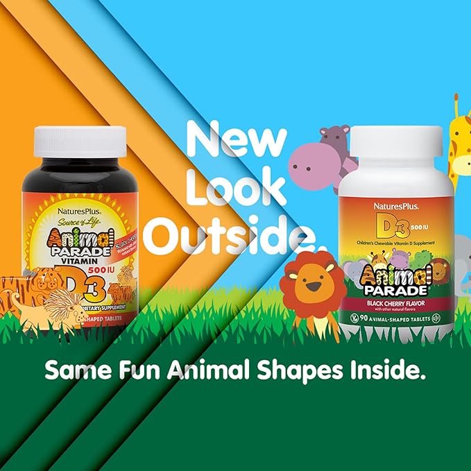 NaturesPlus Animal Parade Vitamin D3 Children’s Chewables - Black Cherry Flavor - 90 Animal-Shaped Tablets Pack of 2 - Gluten Free Vegetarian Hypoallergenic - 180 Total Servings