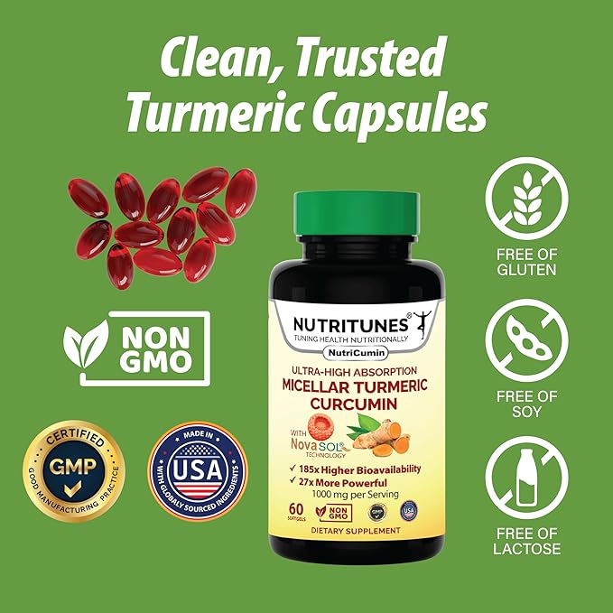 NutriCumin NovaSOL Turmeric Curcumin 1000 mg – 185× Absorption – Supports Joint Comfort &amp Mobility – Non‑GMO Softgels 60 Ct.