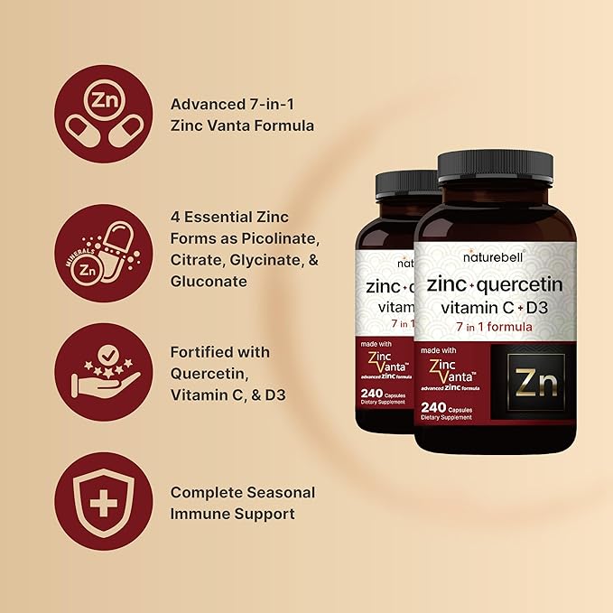 NatureBell Zinc Quercetin with Vitamin C &amp D3 480 Capsules (2 Pack) | Quercetin 1000mg + Zinc 50mg + Vitamin C 250mg + Vitamin D3 5000 IU | 4-in-1 Advanced Immune &amp Lung Support | ZincVanta