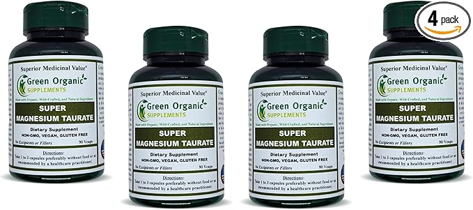 Magnesium Taurate High Absorbable 90 VCaps Non-GMO Vegan &amp Gluten Free Made with Organic Wild-Crafted and Natural Ingredients (Pack of 4)