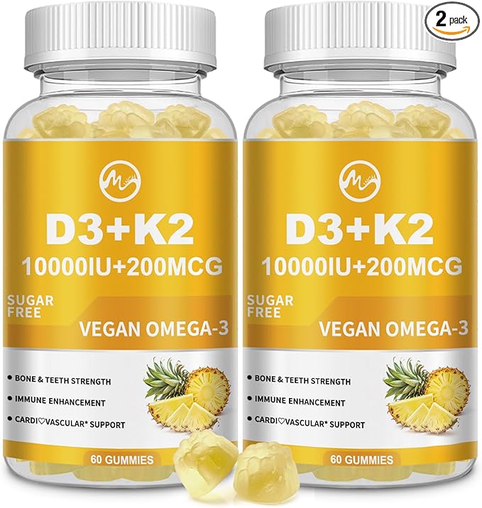 M inch Vitamin D3 K2 Gummies Vitamin D3 10000IU K2 (MK-7) 200mcg 6-in-1 Vitamina D3 con K2 Supplement with Omega-3 for Women and Men - Bones Teeth &amp Immune Support Sugar Free 2 Pack