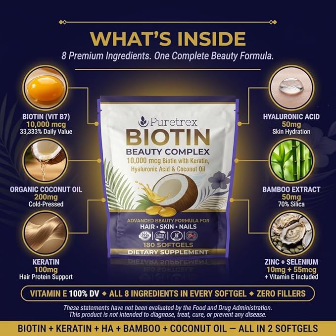 Biotin 10000mcg with Keratin Hyaluronic Acid &amp Coconut Oil | 180 Advanced Softgels Fast Absorption 3 Month Supply | Supports Strong Hair Skin &amp Nails | Non-GMO Gluten-Free UK Made