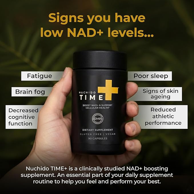 Nuchido Time+ NAD Supplement for Men &amp Women - Advanced Formula for Healthy Aging Energy Focus Cellular Health &amp Longevity - Nicotinamide Alpha Lipoic Acid Quercetin - 90 Capsules