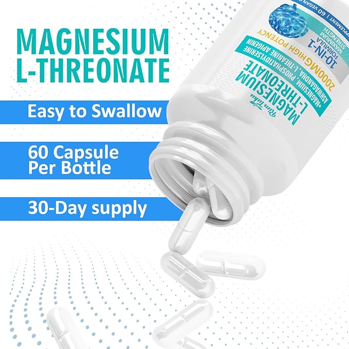 Magnesium L-Threonate 2000mg | 10-in-1 Supplement for Brain Health &amp Cognitive Support | High-Absorption Magnesium Threonate Capsules 180 Count