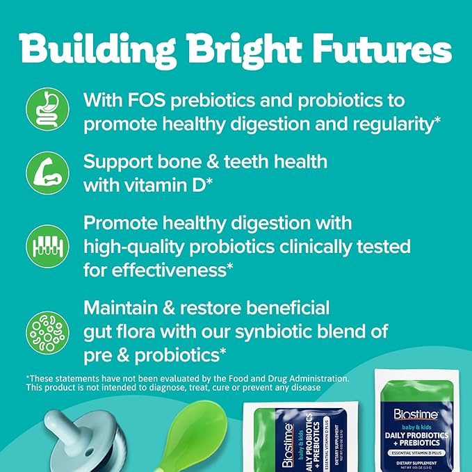 Biostime Infant Baby Toddler Kids Probiotic &amp Prebiotic with Vitamin D | Baby Probiotic Powder | Kids Immune Support | Constipation Relief for Babies * | Supports Digestion Gas Relief | 28 Packet