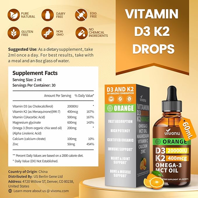 VivoNu Vitamin D3 K2 Drops D3 20000 IU &amp K2 as MK-7 400mcg Orange Flavor Vitamin D Liquid Drops Supplement with Magnesium Calcium Zinc &amp Omega 3 for Immune* Mood* Bone* Health