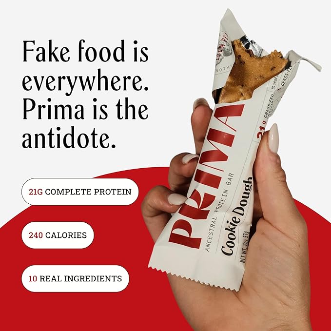 PRIMA Ancestral Protein Bar – Clean Grass Fed Protein Bar with Whey Collagen Honey and Coconut – 21g Protein No Preservatives or Seed Oils – Cookie Dough - 7 Pack