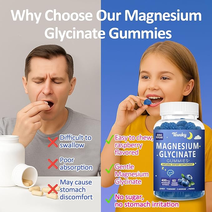 Magnesium Glycinate Gummies 400mg - Sugar Free Vegan Gummies for Adults &amp Kids with Vitamin D3 B6 C CoQ10 Collagen Zinc - Sleep Muscle Bone &amp Memory Support - 60 Blueberry Chewables / 2