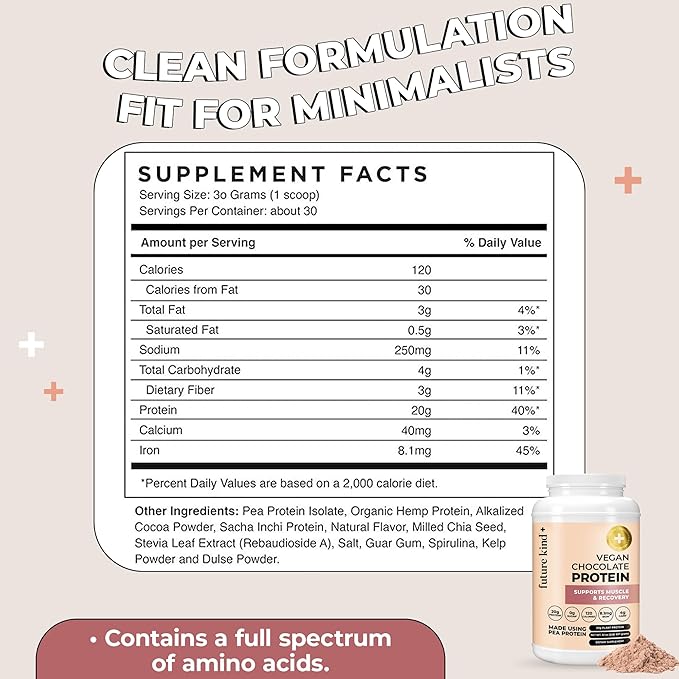 Future Kind Vegan Protein Powder Chocolate Pea Plant Protein for Lean Muscle with Iron &amp Fiber Whey-Free Sugar-Free Soy-Free Non-Dairy (34 Servings)