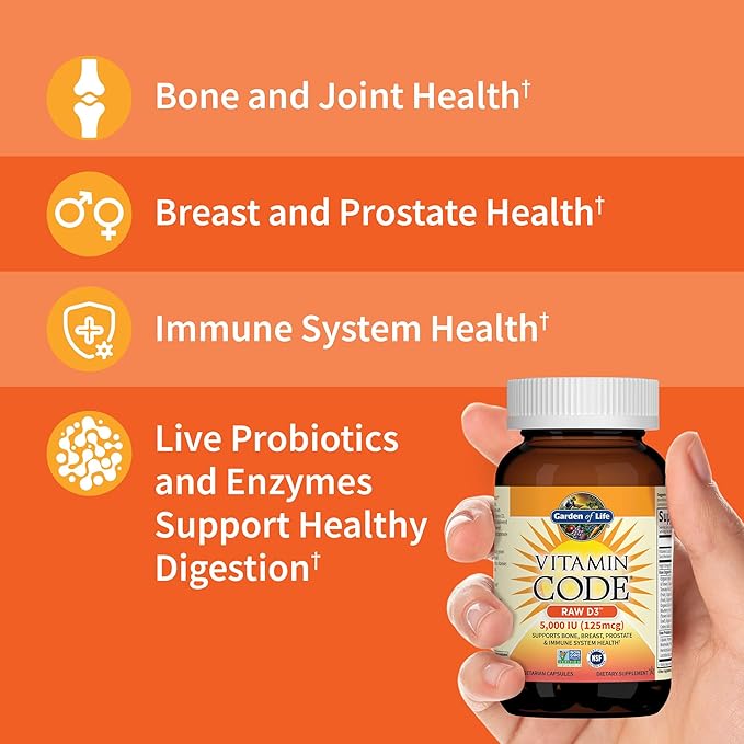 Garden of Life Vitamin D3 5000 IU Raw Whole Food Supplements with Chlorella Fruit Veggies &amp Probiotics for Bone &amp Immune Health 60 Vegetarian Capsules