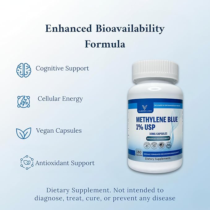 Methylene Blue Capsules 10mg - Pharmaceutical Grade Supplement - Trusted Made in America Brand - (USP Reference Compliant) with Vitamin C Ester Enhanced Absorption - Third Party Tested - 180 Pills