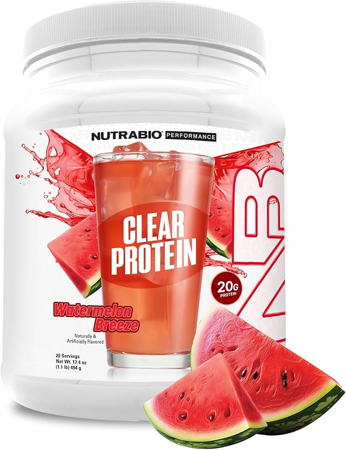 NutraBio Clear Protein Powder Watermelon Breeze - 20 Servings 20g Clear Whey Protein Isolate 0 Sugar 0g Lactose Refreshing Fruit Flavors GLP1 Support -Bone Health - Muscle Post Workout Recovery